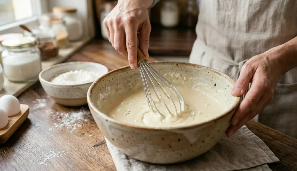 Mieszanie ciasta na naleśniki trzepaczką w ceramicznej misce – krok 1 prostego przepisu na naleśniki