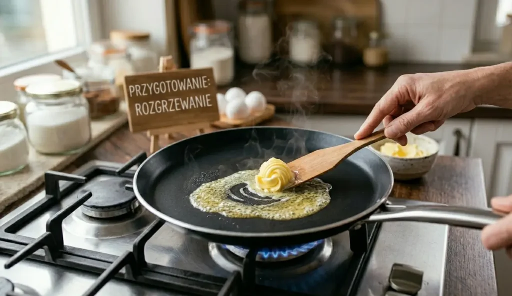 Rozgrzewanie patelni do naleśników z masłem na kuchence gazowej – przygotowanie do smażenia naleśników