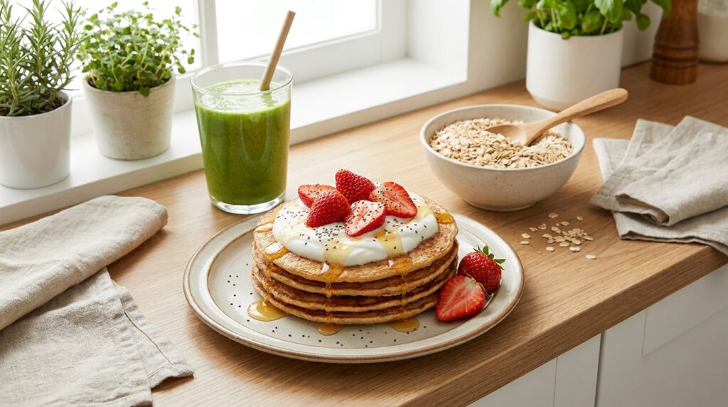 Fit pancakes przepis — zdrowe pancakes owsiane z jogurtem greckim truskawkami nasionami chia i miodem