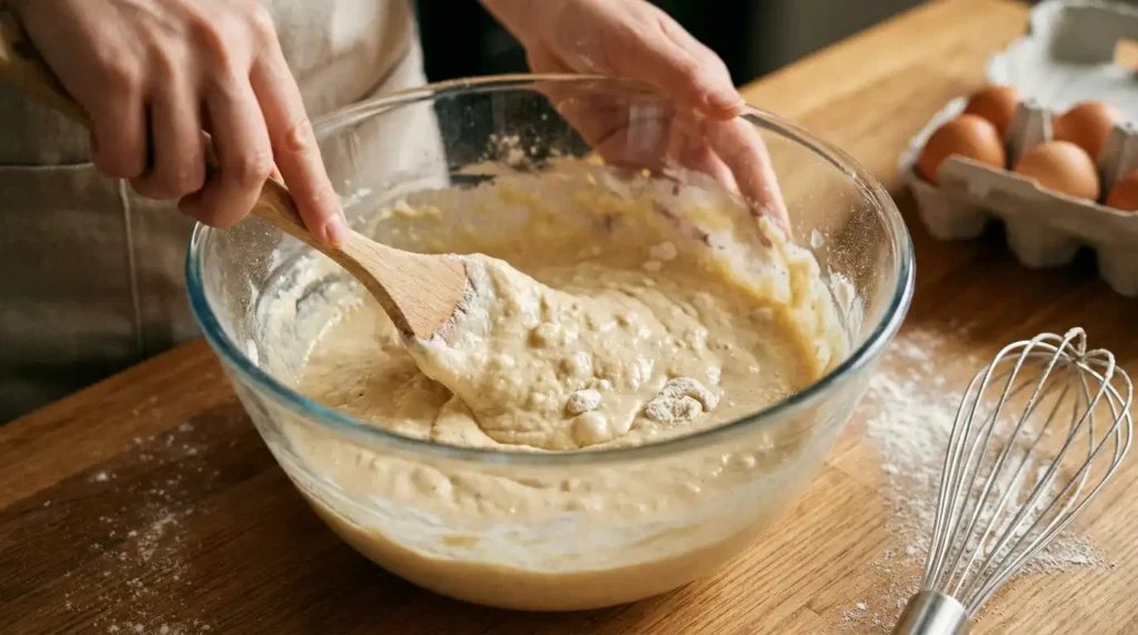 Mieszanie ciasta na pancakes — gęste ciasto z grudkami to klucz do puszystych amerykańskich pancakes