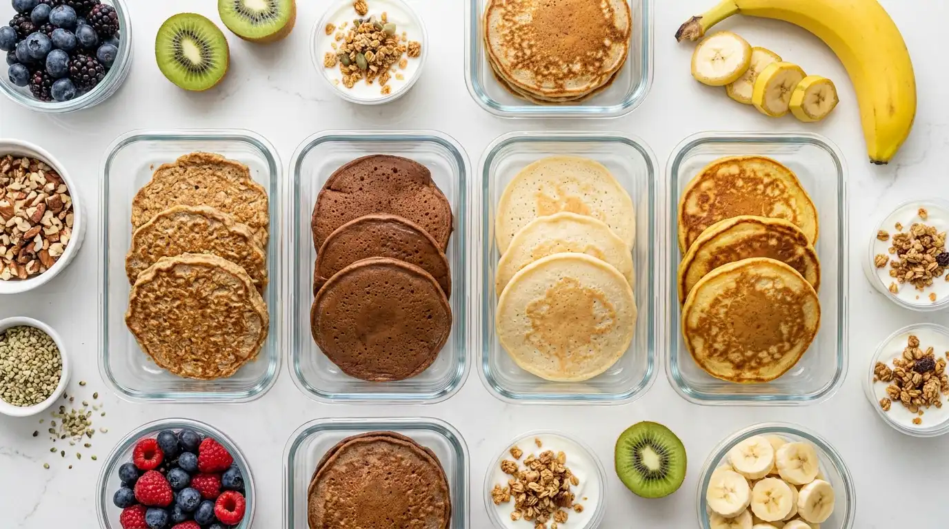Naleśniki fit meal prep — różne rodzaje zdrowych naleśników owsianych proteinowych i kokosowych przygotowanych na cały tydzień