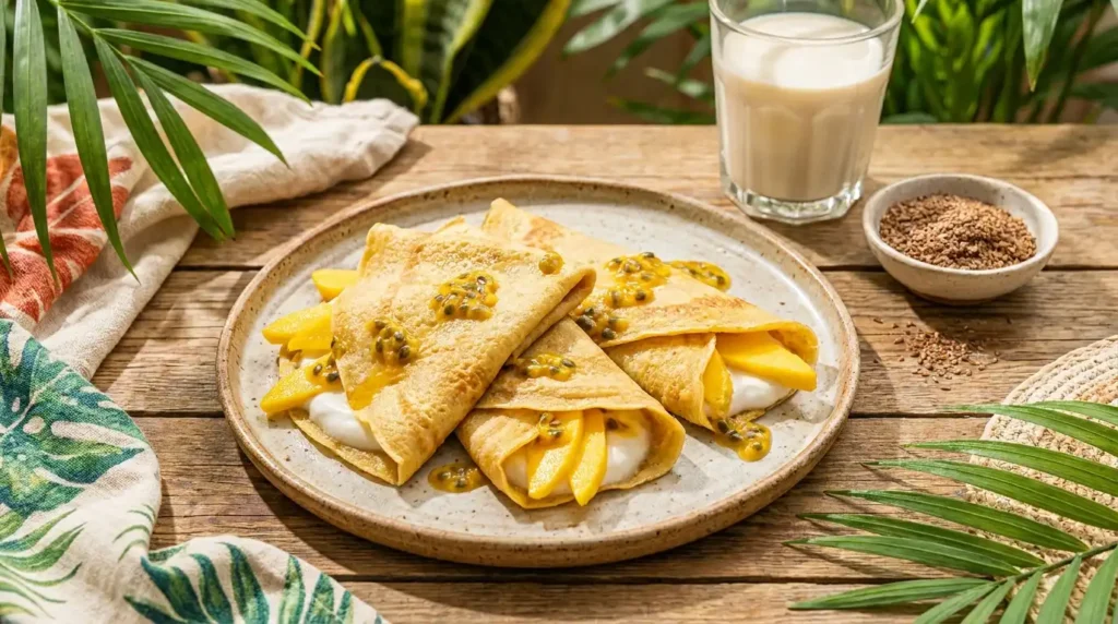 Naleśniki fit wegańskie z jogurtem kokosowym mango i marakują — roślinne naleśniki bez jajek i mleka