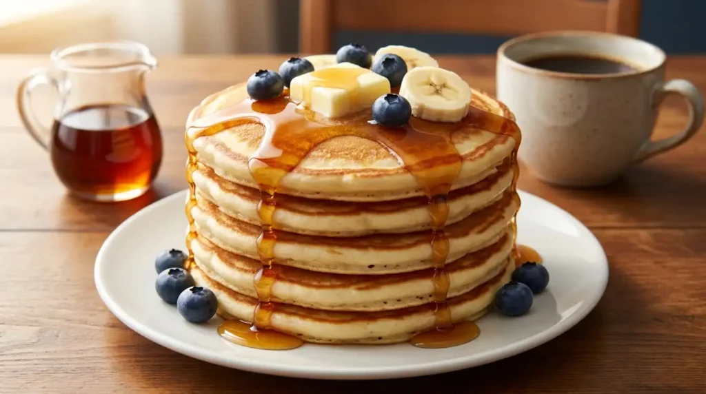 Pancakes przepis — stos puszystych amerykańskich pancakes z syropem klonowym jagodami bananem i masłem