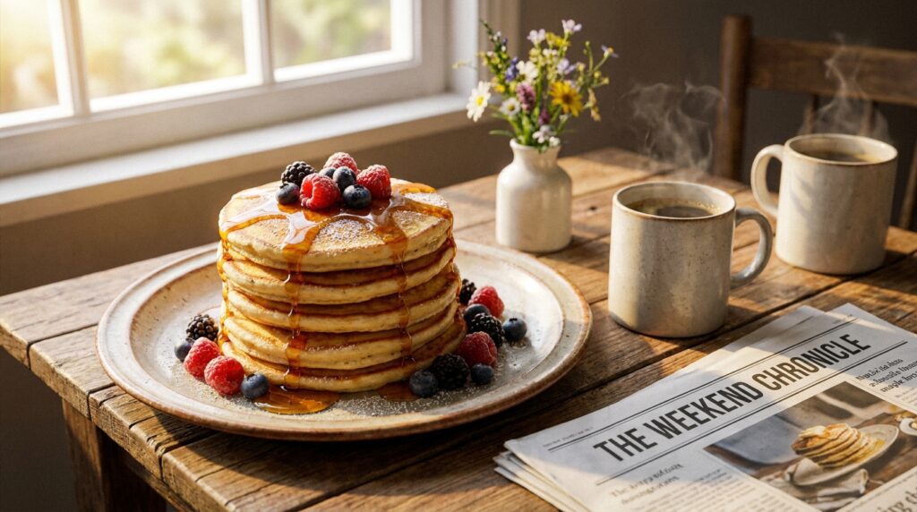 Pancakes przepis — puszyste amerykańskie pancakes na weekend z syropem klonowym owocami i kawą idealne śniadanie