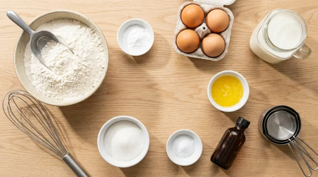 Składniki na pancakes przepis — mąka proszek do pieczenia jajka mleko masło cukier i wanilia na drewnianym blacie