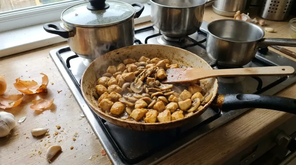 Smażenie farszu z kurczaka z pieczarkami i cebulą na patelni — nadzienie do naleśników z kurczakiem krok po kroku