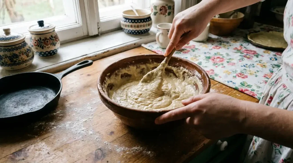 Mieszanie ciasta na krokiety w domowej kuchni