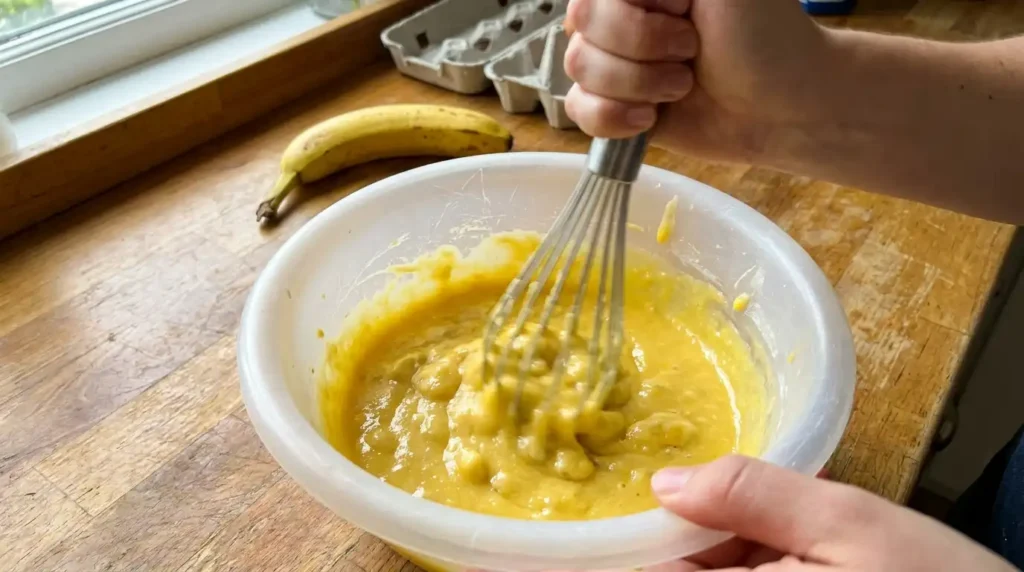 Mieszanie ciasta na naleśniki z bananem — żółte ciasto bananowe w misce w domowej kuchni