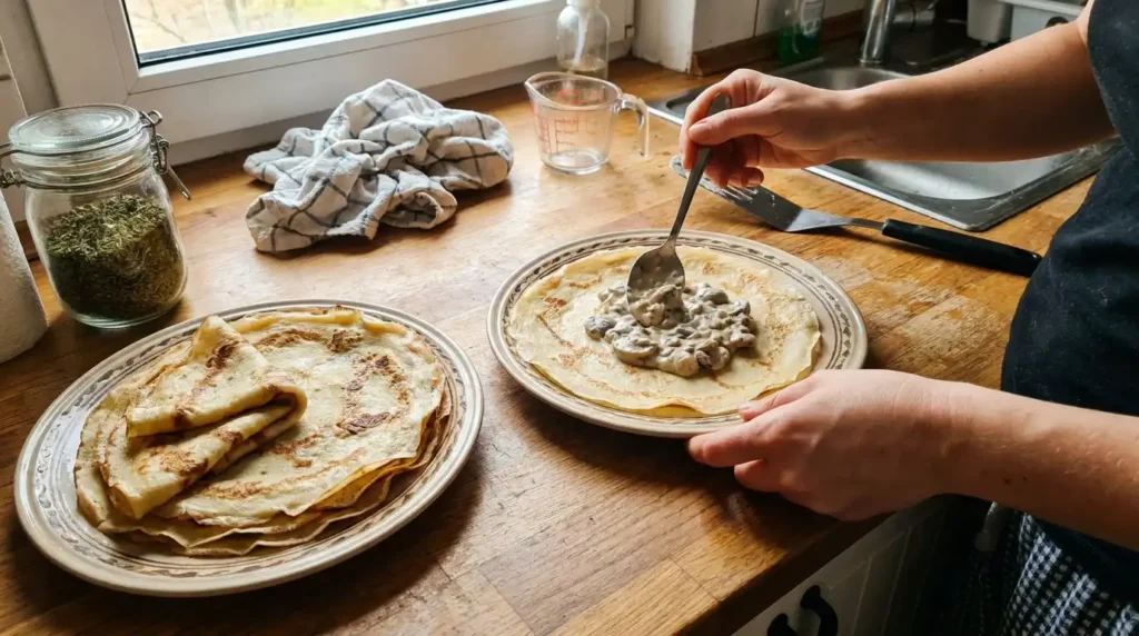 Nakładanie farszu z pieczarek na naleśnik w domowej kuchni — jak zrobić naleśniki z pieczarkami