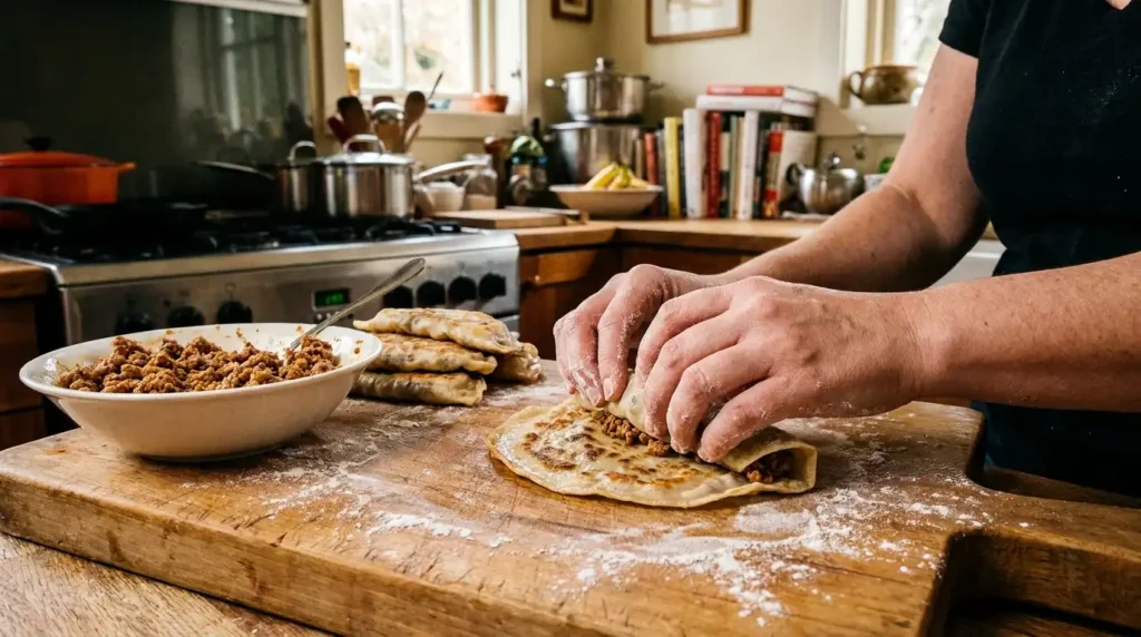  Zawijanie naleśników z farszem do krokietów w domowej kuchni