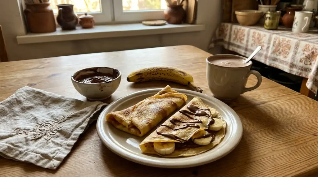 Podanie domowych naleśników z bananem z czekoladą i Nutellą — przytulny podwieczorek w polskiej kuchni
