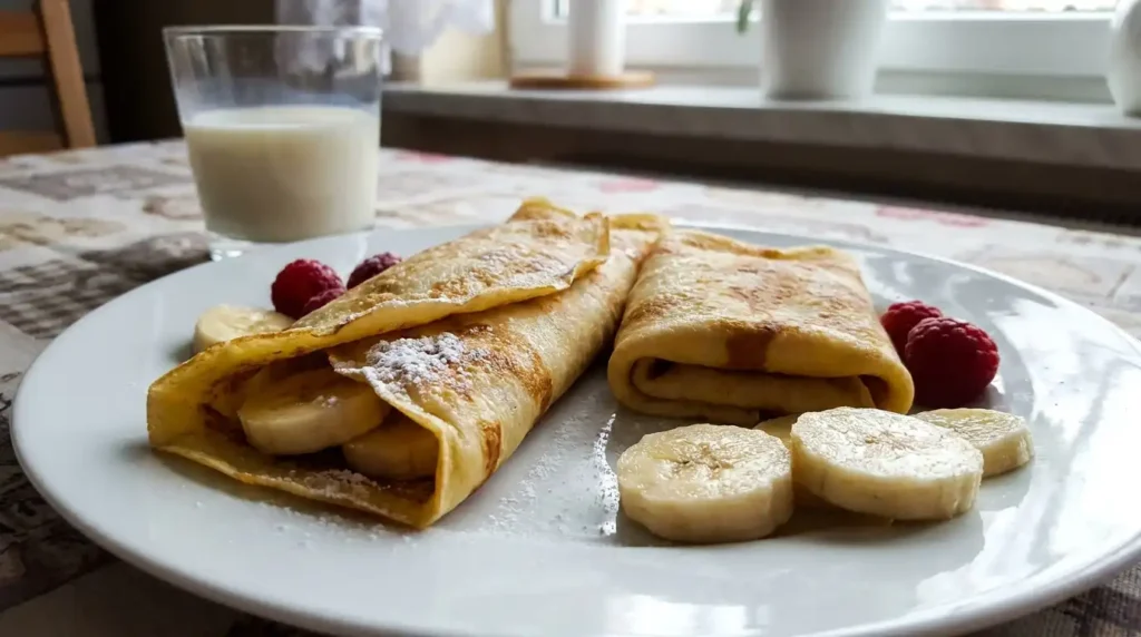 Naleśniki z bananem na domowym talerzu — złociste naleśniki z plasterkami banana posypane cukrem pudrem