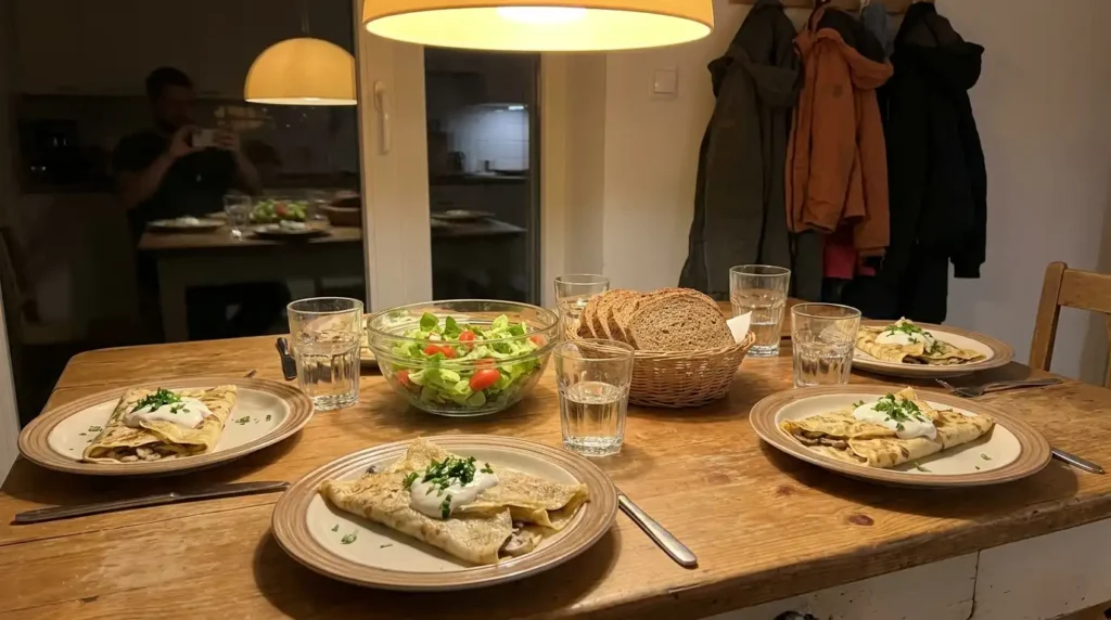 Domowe naleśniki z pieczarkami na rodzinnym stole obiadowym — z kwaśną śmietaną natką pietruszki i sałatką