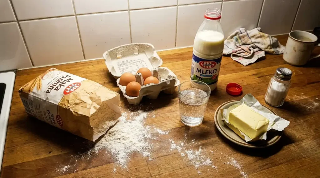 Składniki na ciasto na naleśniki rozłożone na domowym blacie kuchennym