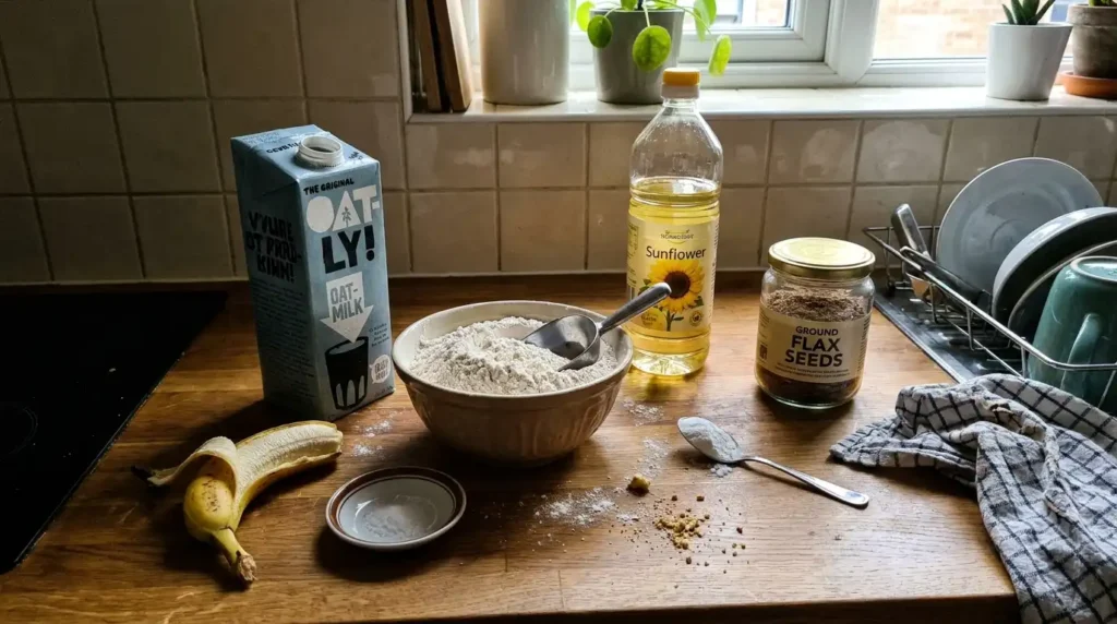 Składniki na naleśniki wegańskie — mleko owsiane mąka olej banan siemię lniane na domowym blacie kuchennym

