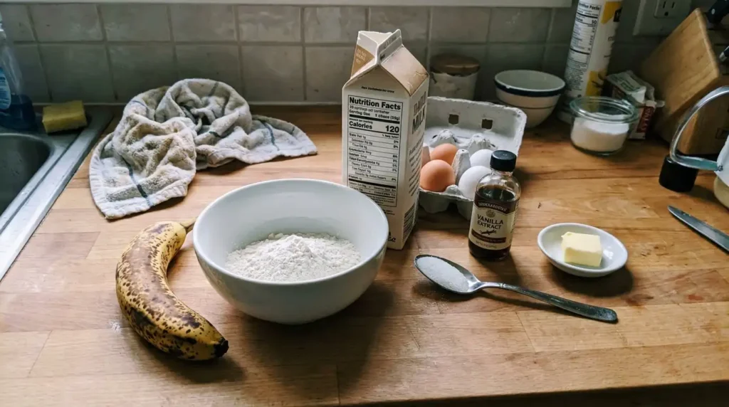 Składniki na naleśniki z bananem — dojrzały banan mąka jajka mleko cukier wanilia na domowym blacie kuchennym