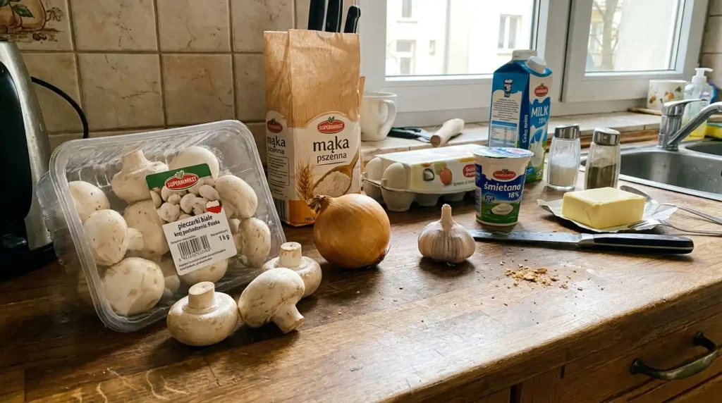 Składniki na naleśniki z pieczarkami — pieczarki cebula czosnek mąka jajka mleko śmietana i masło na blacie kuchennym