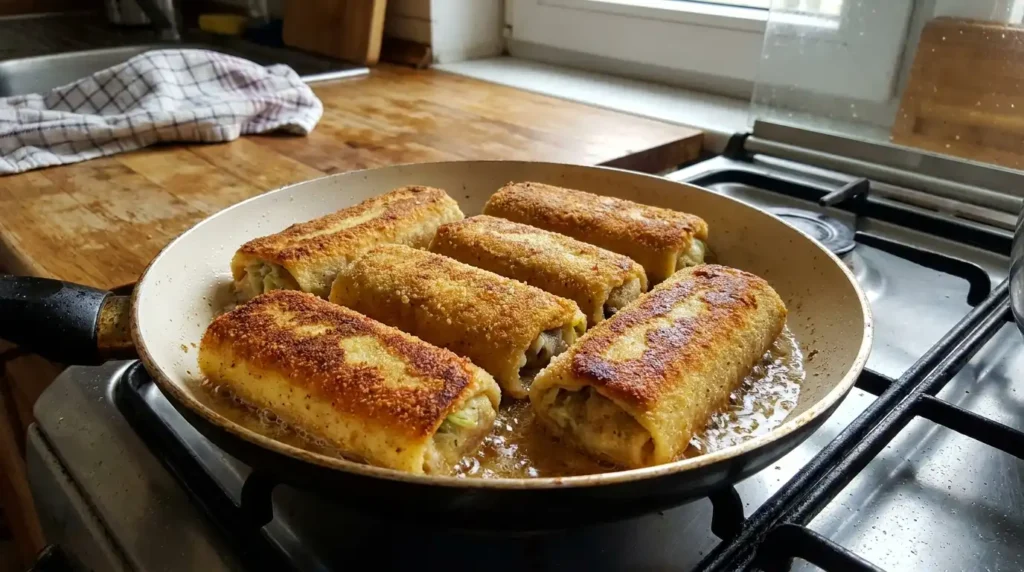 Smażenie krokietów z kapustą i grzybami na patelni