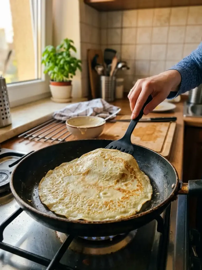 Cienki naleśnik smażony na patelni przed nadzieniem z łososia