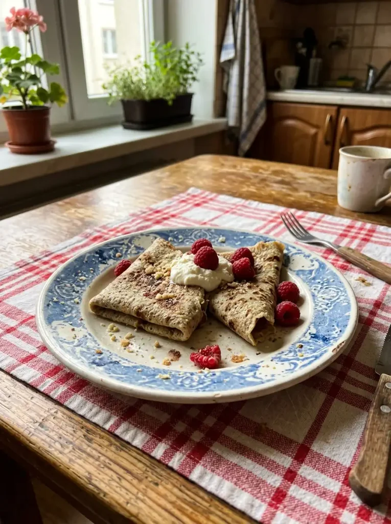 Domowe keto naleśniki podane z malinami i niesłodzonym serkiem kremowym