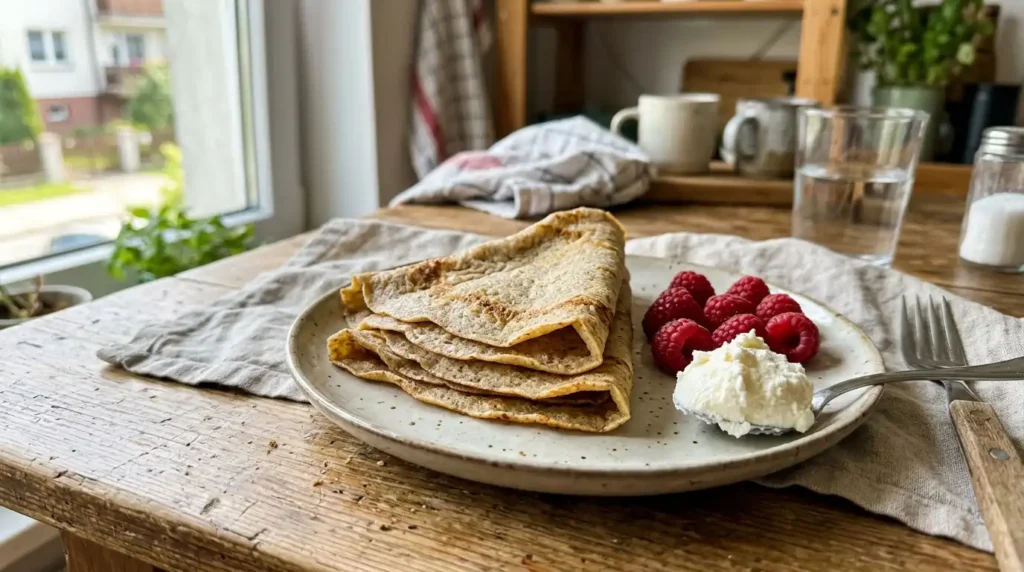 Keto naleśniki z mąki migdałowej podane z malinami i niesłodzonym serkiem