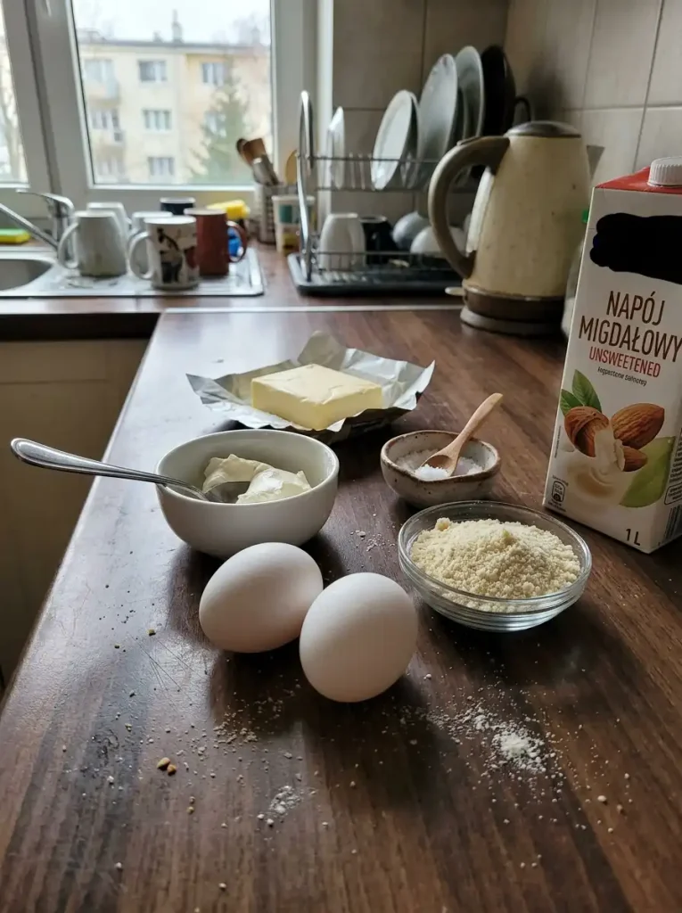 Jajka, serek kremowy, mąka migdałowa i napój migdałowy do keto naleśników